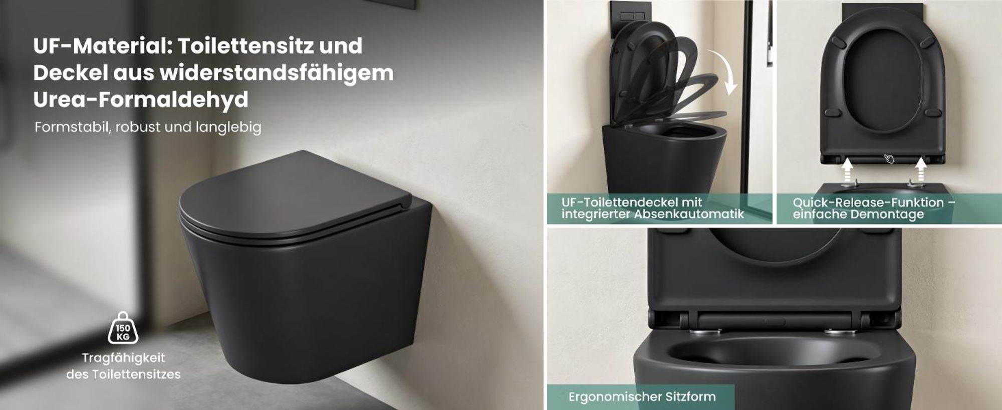 Mai & Mai Hänge WC Schwarz matt mit Softclose Sitz | Wand WC aus keramik spülrandloses WC BTH: 35x51x36cm Aachen108