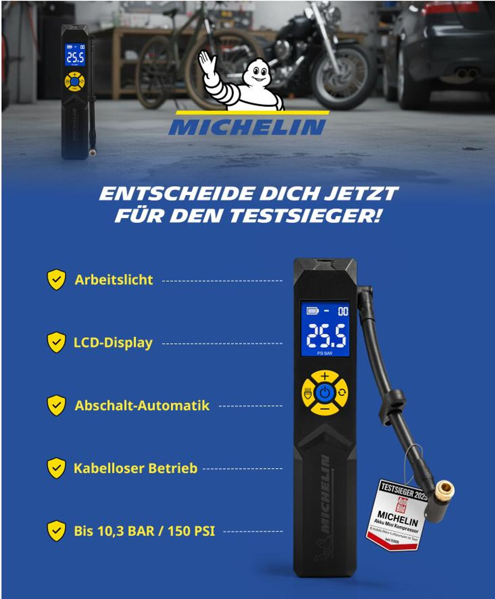 MICHELIN Air Power Mini 1 Akku-Kompressor 9,9 bar mit Digitaldisplay