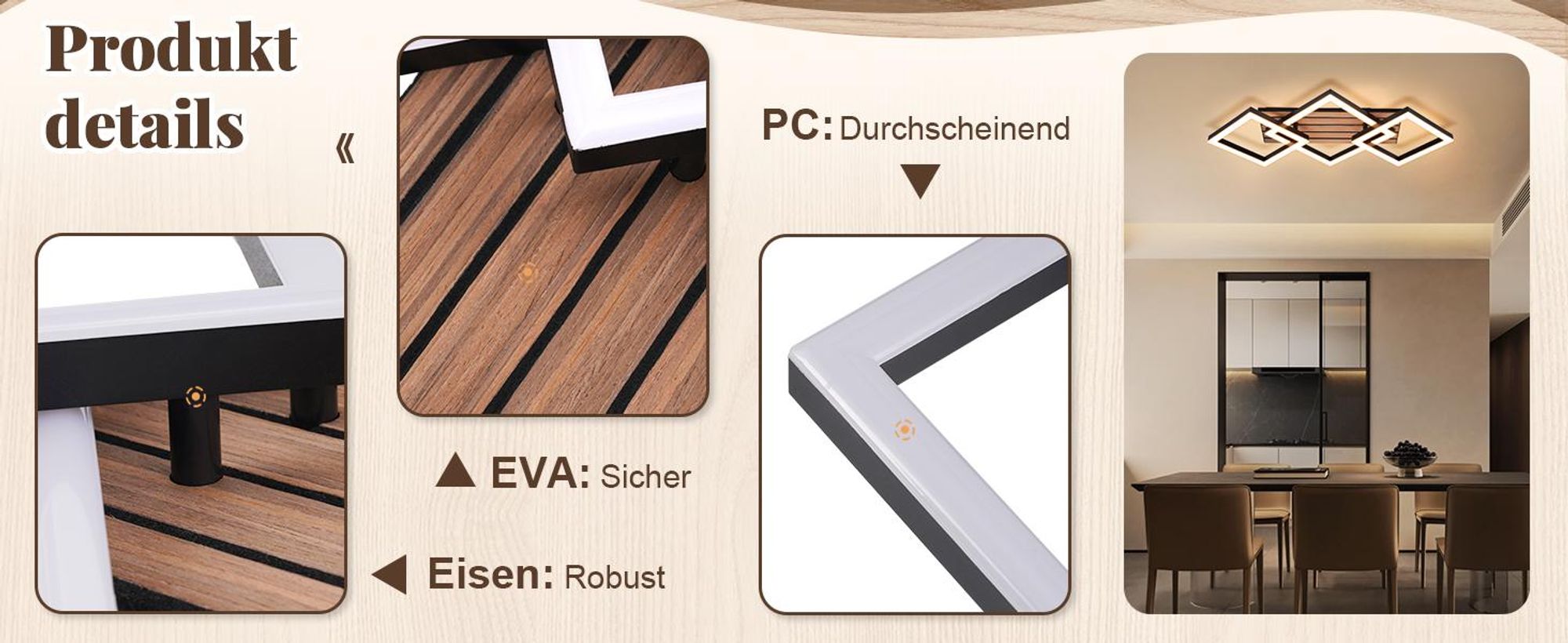 ZMH LED Deckenleuchte 58CM Schlafzimmer Deckenlampe Wohnzimmerlampe 3000K Eckig Wohnzimmer Holzoptik Küchenlampe für Esszimmer Arbeitszimmer Schwarz