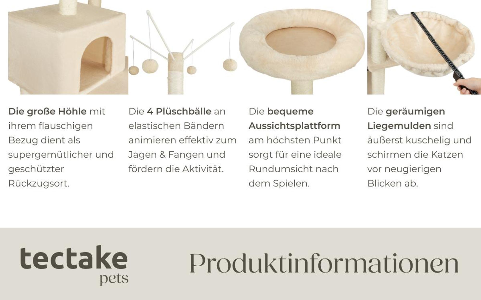 tectake® Kratzbaum Lilou 165 cm inklusive 4 Spielbällen, Kordel und Kippschutz