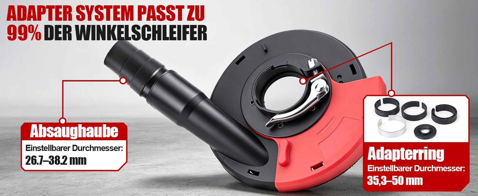 Staubschutz mit 3×125 mm Diamant-Schleiftopf & 4 Adapterring 35,3–50 mm Absaugaufsatz Absaughaube für Winkelschleifer Betonschleifer Betonfräse