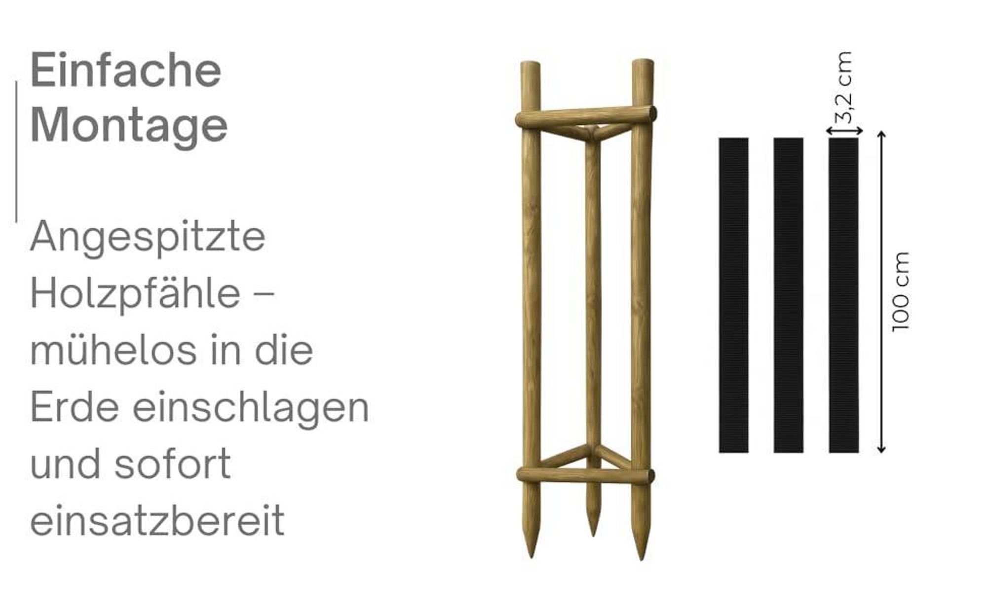 TIMBERMIK Baumstütze Komplettset Rankhilfe Baumpfahl ø 7cm Länge: 220 cm Pflanzenhalter 3 x Holzpfosten 3x Schwarze Baumgurte und 6x Halbpalisaden