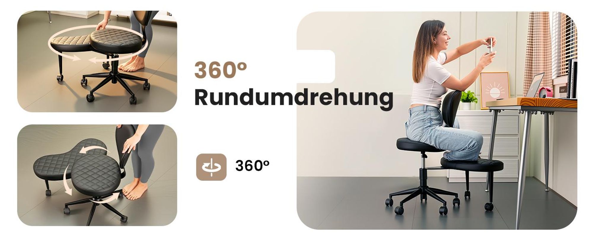 Drehstuhl, Bürostuhl mit Kreuzbeinen,Ergonomischer Kniestuhlm,360° drehbar, Schwarz, Kunstleder mit Karomuster