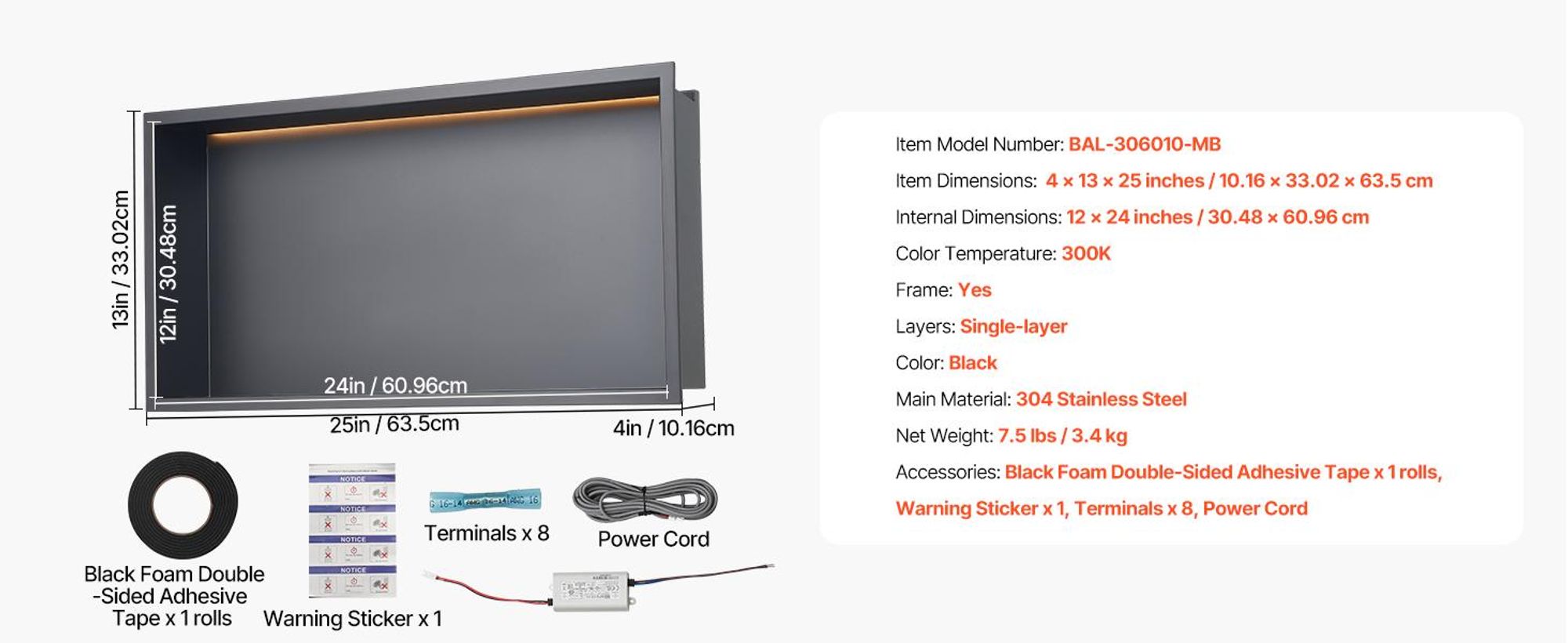 VEVOR Duschnische, 10,16x33,02x63,5 cm, versenkte Wandnische mit LED-Streifen, S