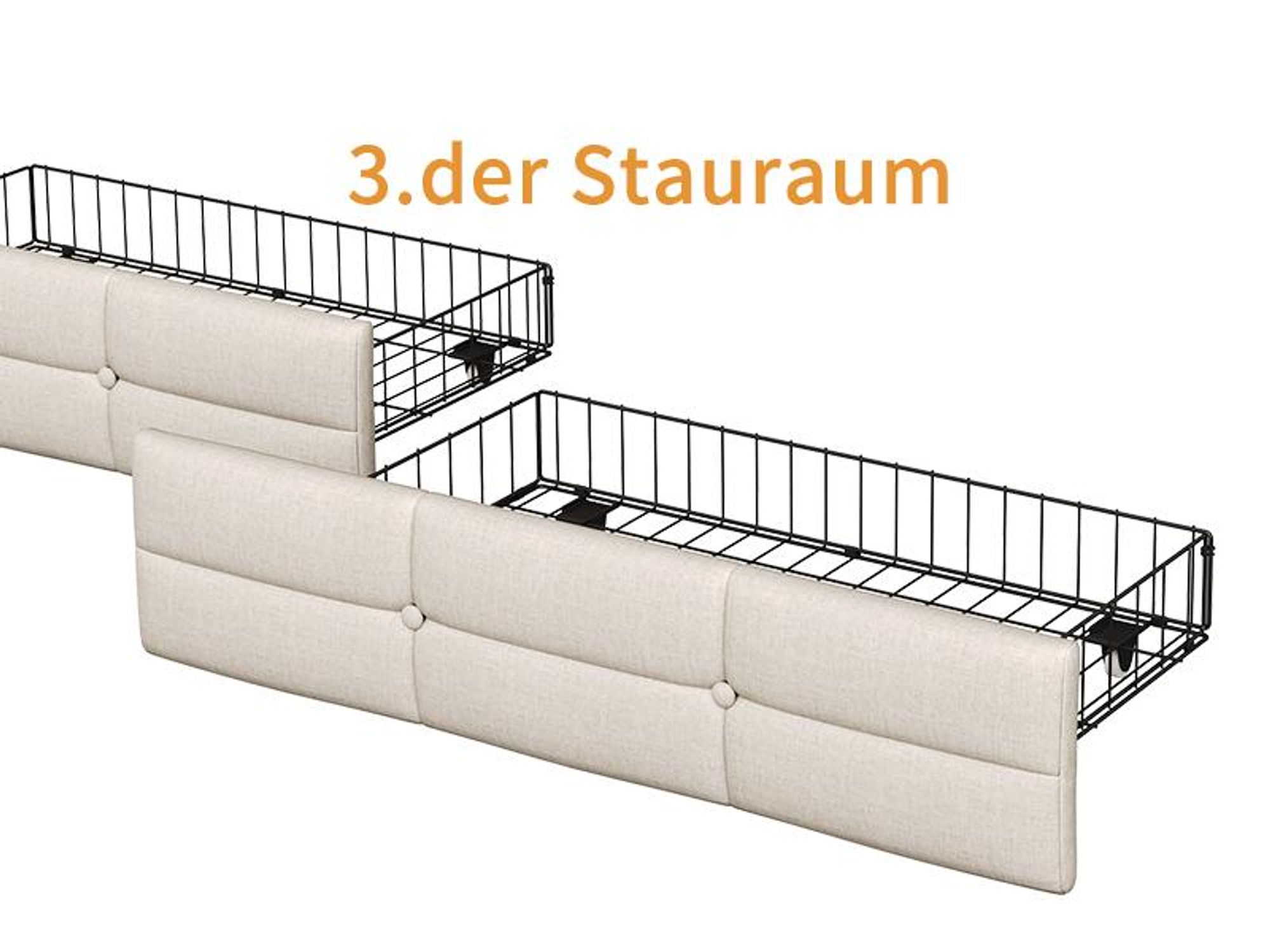 INONEFT Polsterbett Einzelbett 90×200cm,Tagesbett mit LED und USB/C,L-förmiges Holz-Plattformbett mit 2 Schubladen und Lattenrost,Leinen, Beige