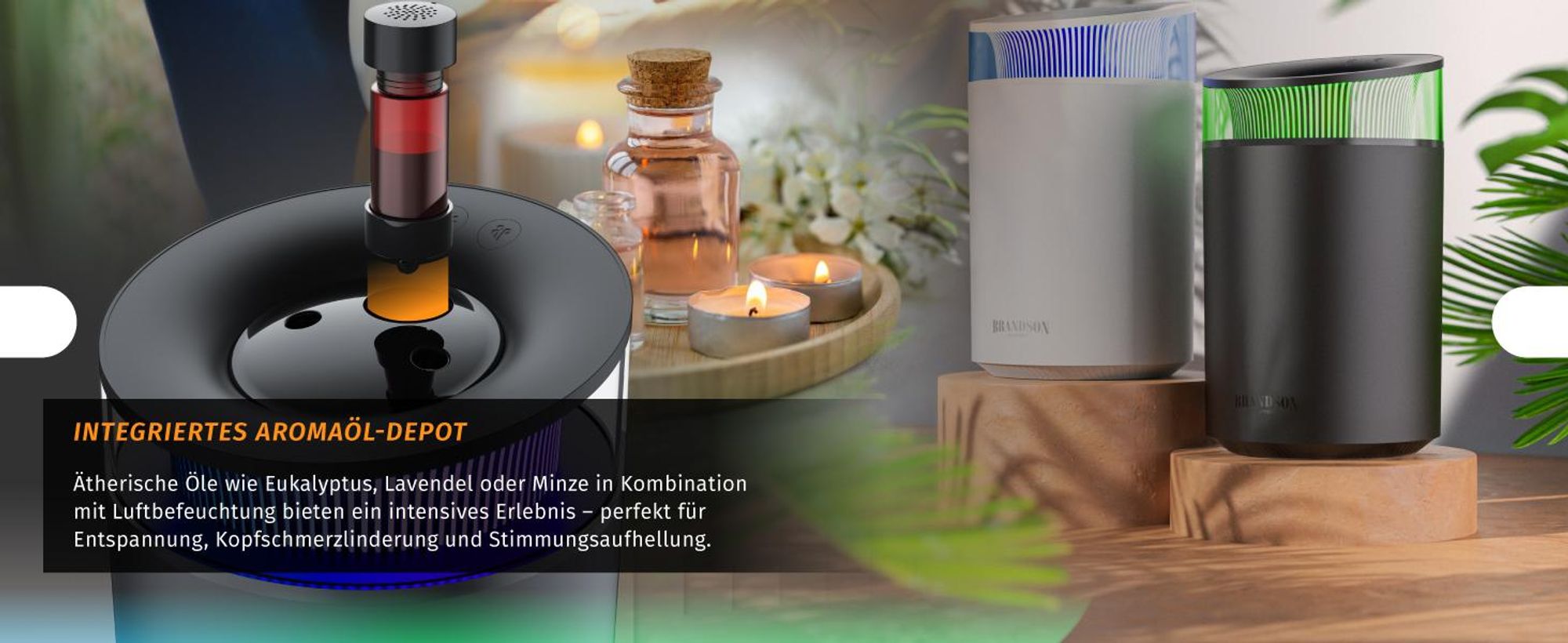 Brandson Luftbefeuchter 2,5 l mit Aroma Diffuser, Ultraschall, 2 schaltbare Nebelausgänge, bis 50 h pro Tankfüllung, 7 LED-Farben, leise unter 30 dB, USB-C, schwarz
