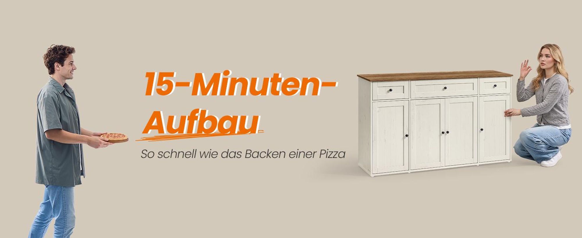 Sideboard, Toolless-Technologie, superschnelle werkzeuglose Montage, Küchenschrank mit Arbeitsplatte, weiß-braun