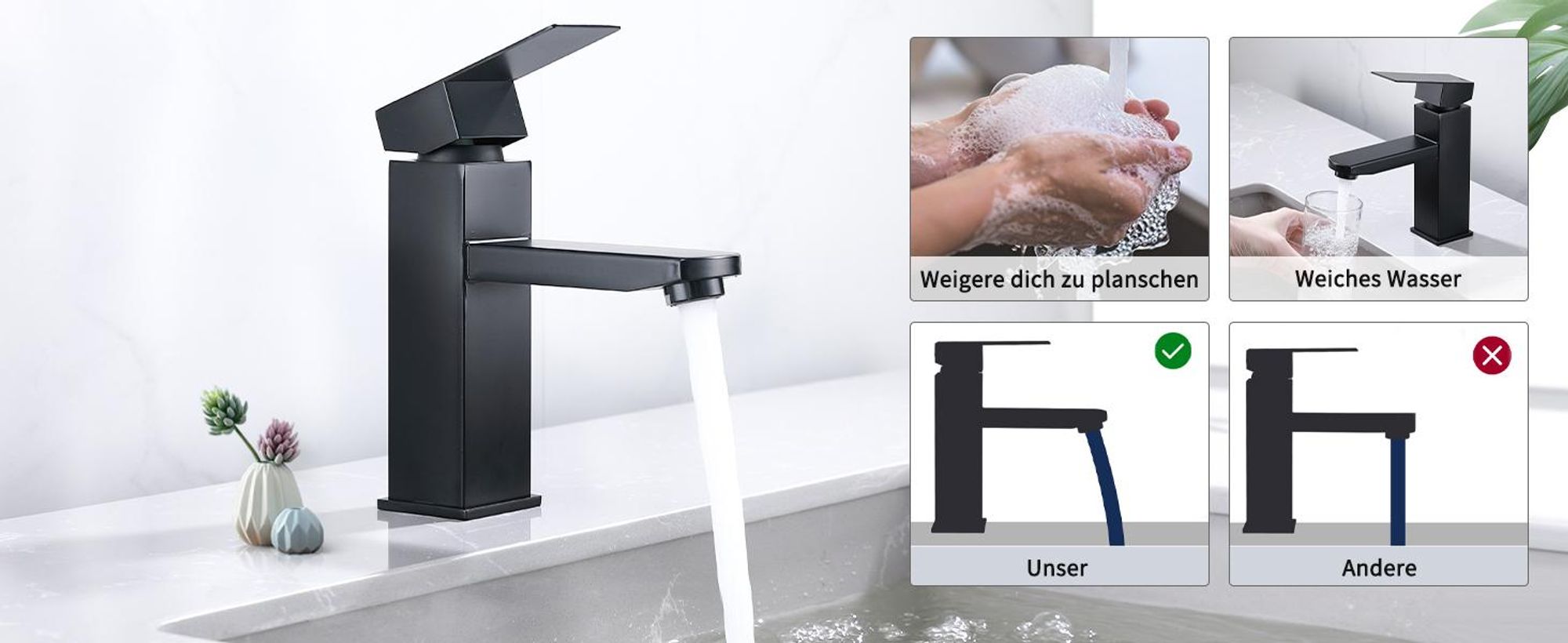 Homelody Schwarz Wasserhahn Bad Edelstahl, Waschtischarmatur für Badezimmer,Mischbatterie Hochdruck Badarmatur,Einhebelmischer,Waschbecken Armaturen