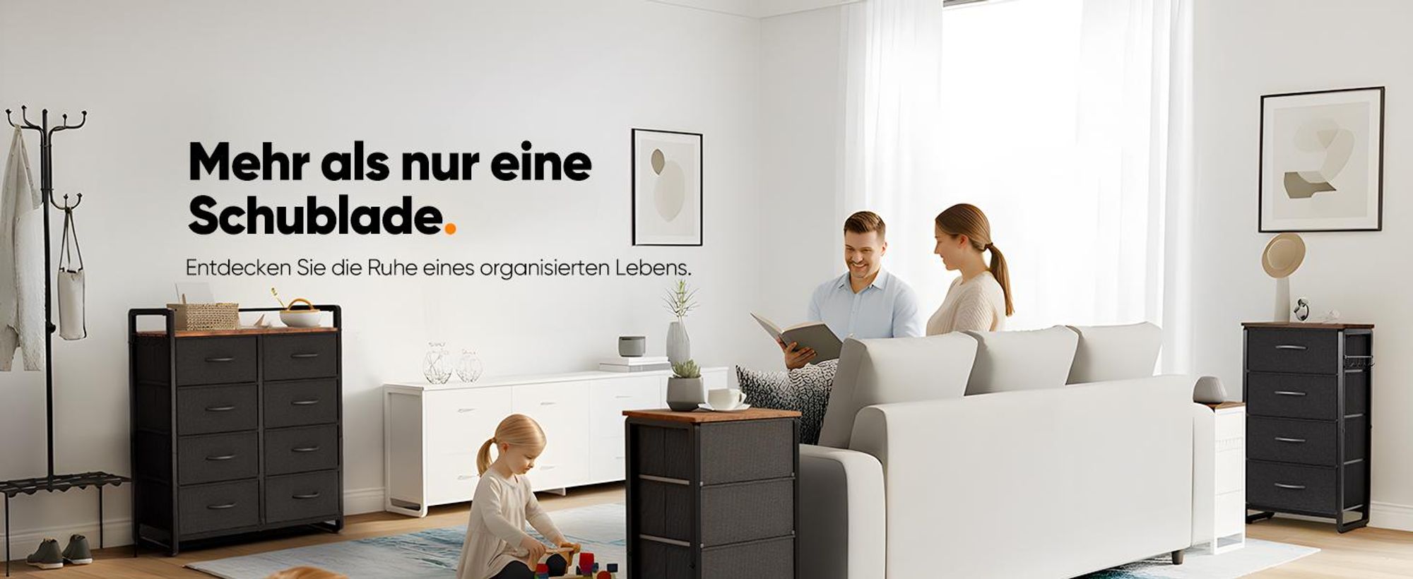 HOKEEPER Kommode, Schrank mit 8 Schubladen aus Stoff, Komodenschrank Schlafzimmer mit Holzplatte, Sideboard, Chest of Drawers Flurschrank