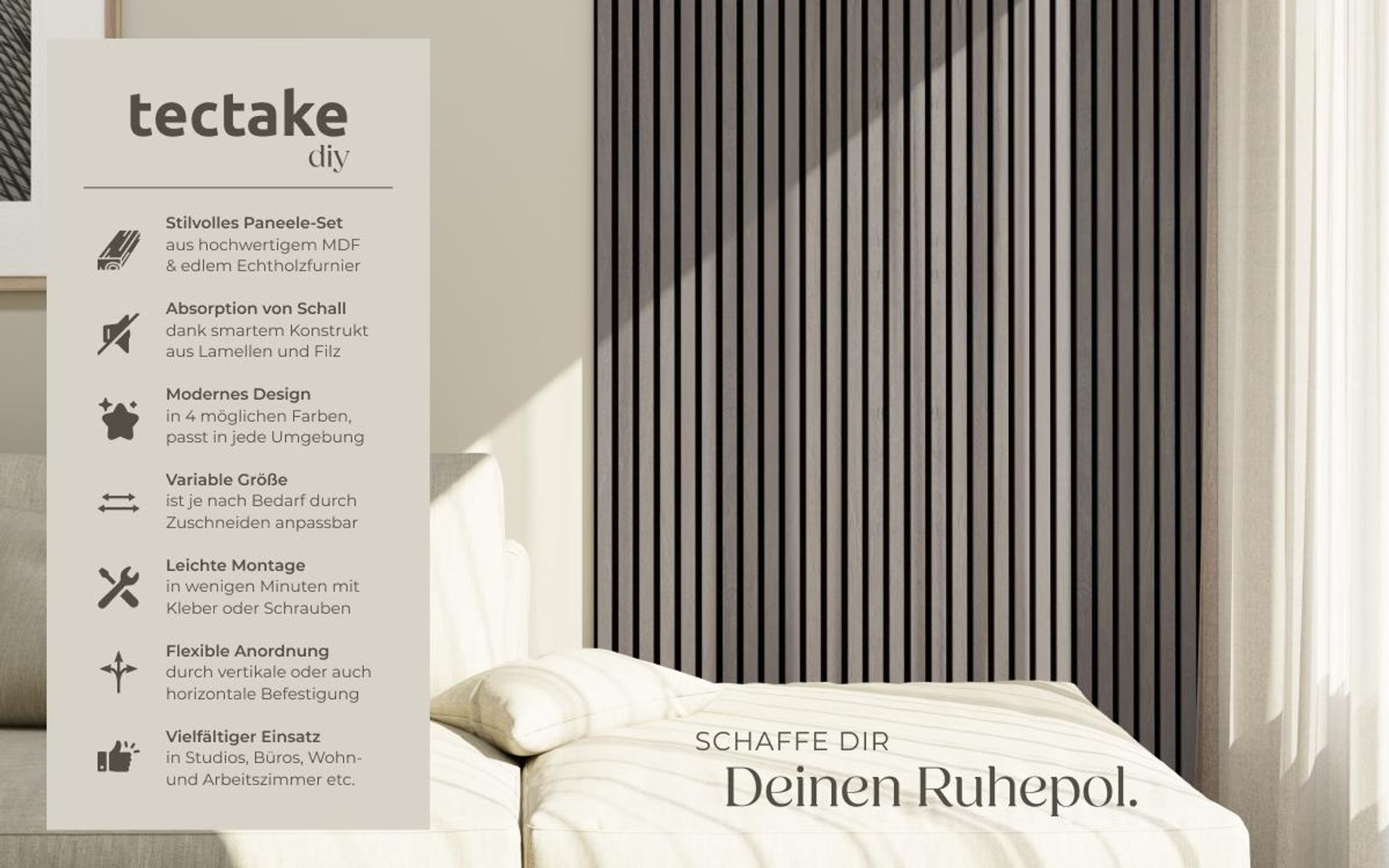 tectake® Akustikpaneele Sonic Wall Holzoptik in Eiche hellgrau je 60 x 120 x 2,1 cm, Größe flexibel anpassbar