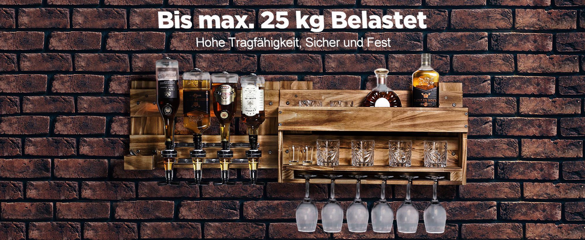 Yorbay Weinregal Palette beflammt Holz, Wandbar mit 4 Getränkespender Wand Flaschenhalter Flaschenhalter, Vintage, Geschenk
