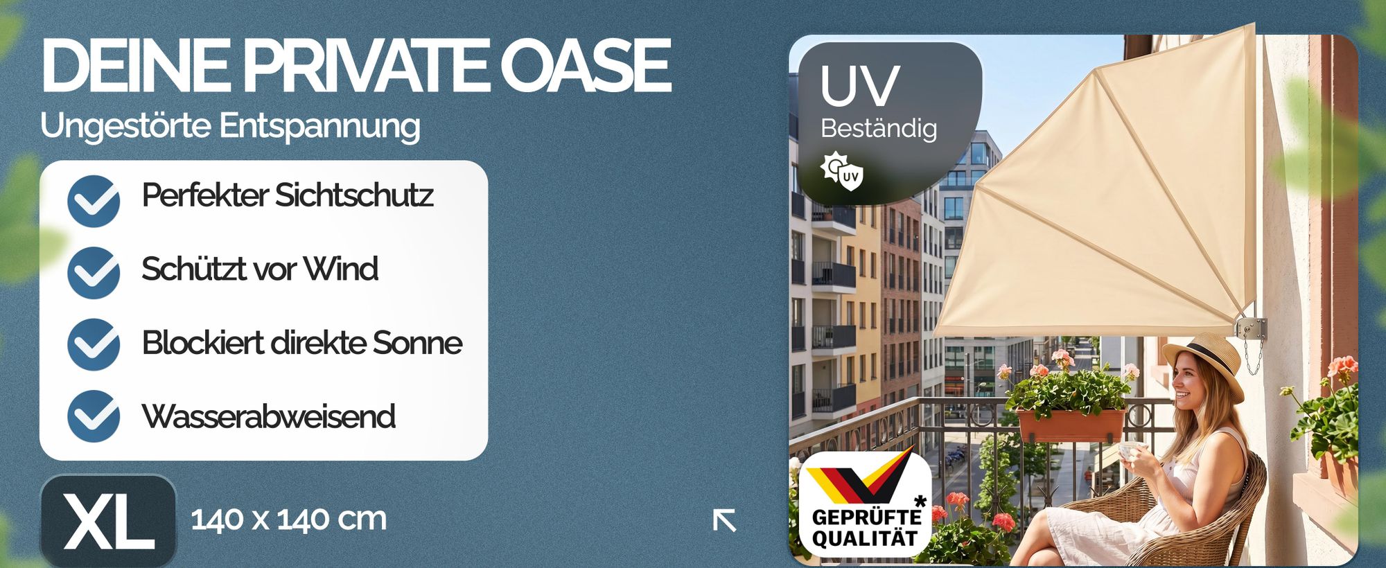 DETEX® Balkonfächer Sichtschutz inkl. Abdeckung 140x140cm Wetterfest UV-beständig Faltbar Terrasse Seitenmarkise Sonnenschutz Wandhalterung Anthrazit