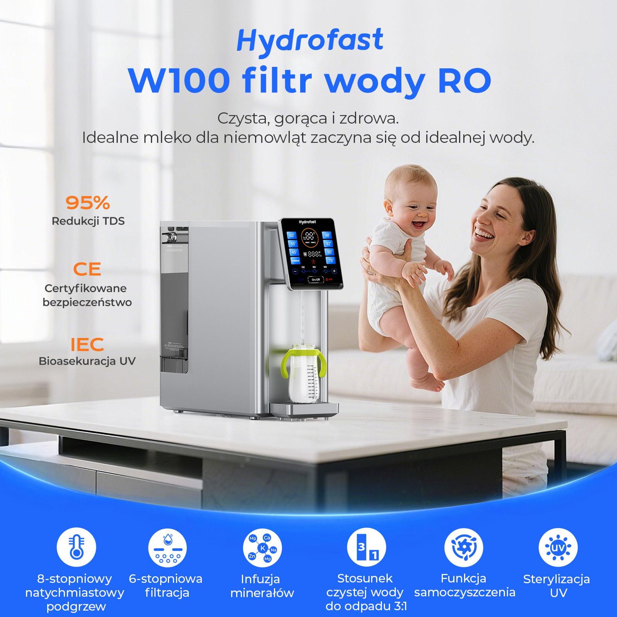Biurkowy filtr wody Hydrofast W100 z odwróconą osmozą, filtracją UV, 6 stopniami filtracji i 8 ustawieniem temperatury