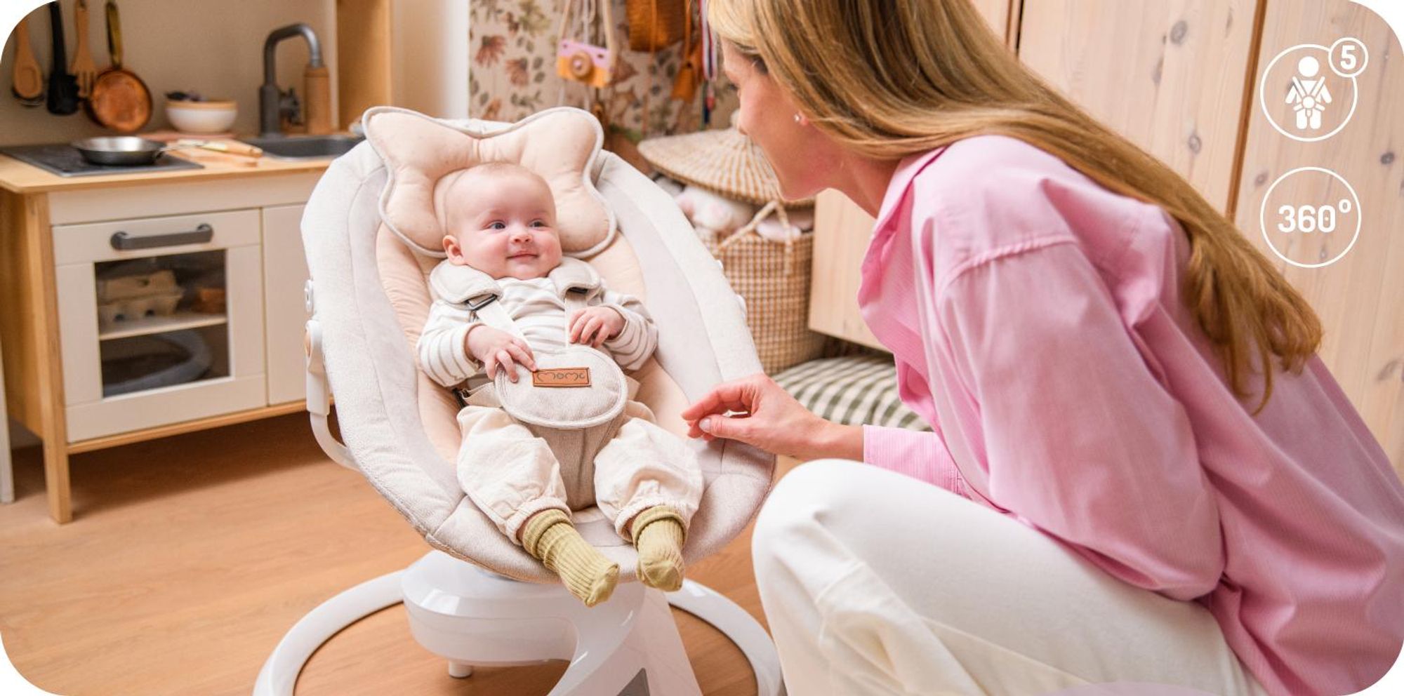 MoMi PEARL – Babywippe mit Bluetooth, 360° Sitzdrehung, 2 Modi, Nummern‑Panel – Beige