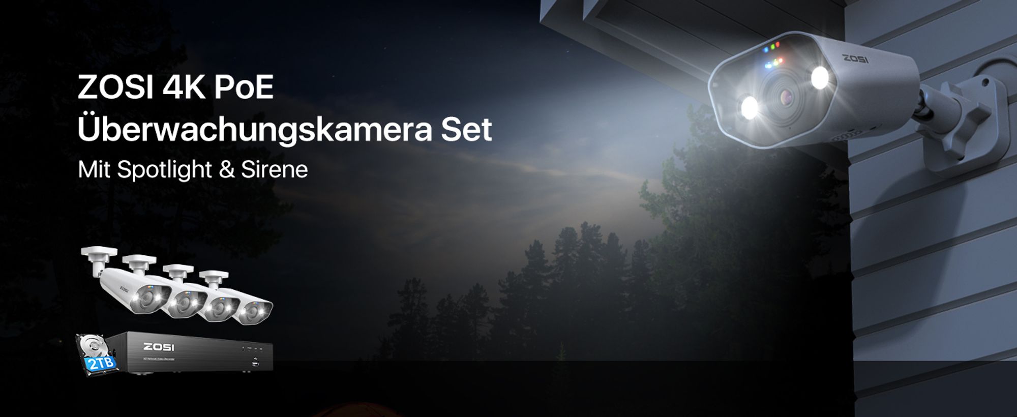 ZOSI 4K POE Überwachungskamera System mit 8CH 2TB HDD NVR und 4X 8MP Outdoor PoE IP Kamera, Personenerkennung, Weißlicht, C182