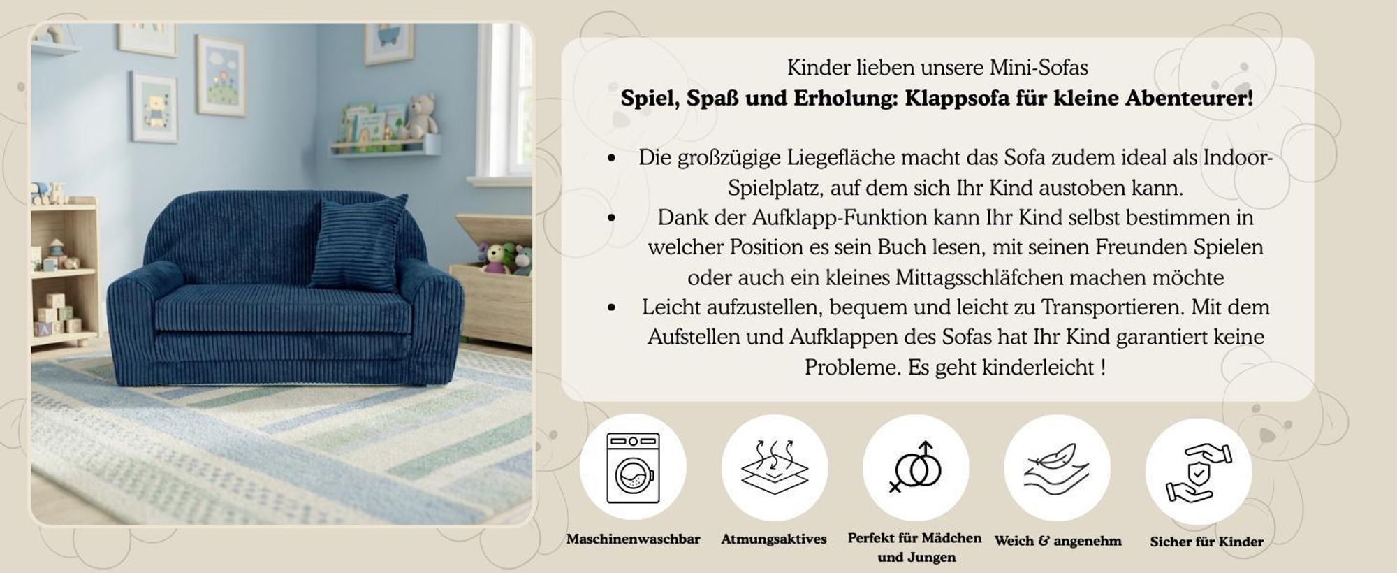 Mini-Kindersofa - Kindersofa aus Cord in Hellgrau abnehmbarer waschbarer Bezug ausklappbar  Kuschelcouch für Kinder