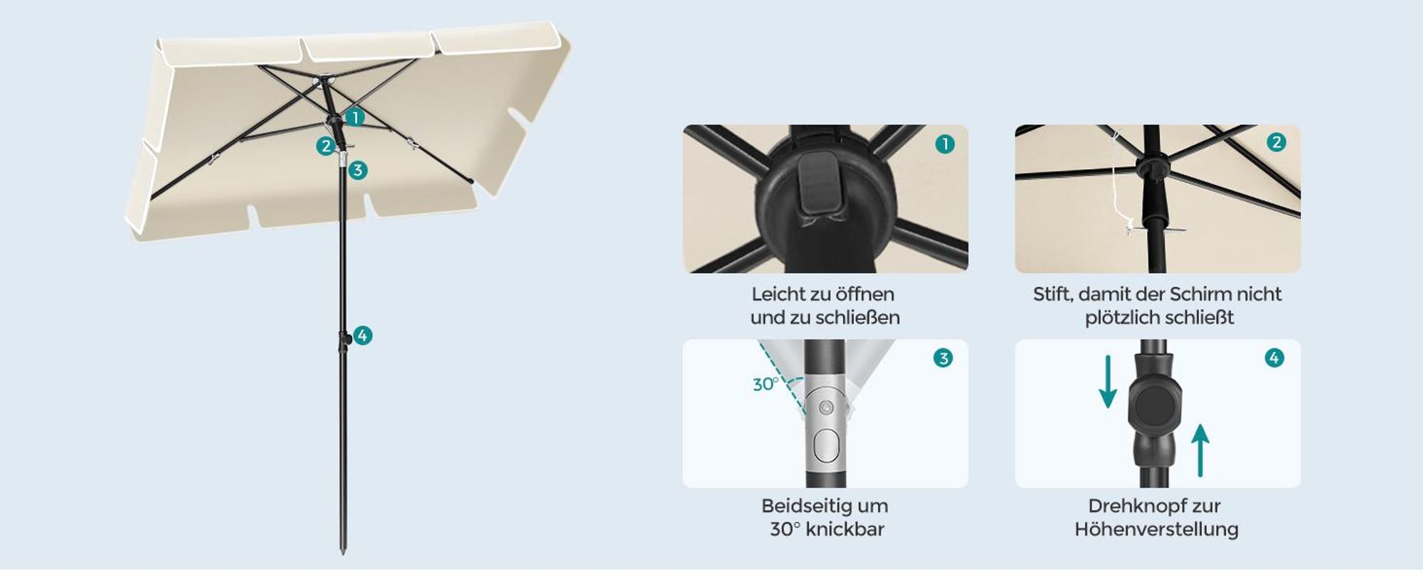 SONGMICS Sonnenschirm 230 x 150 cm UPF 50+ Sonnenschutz