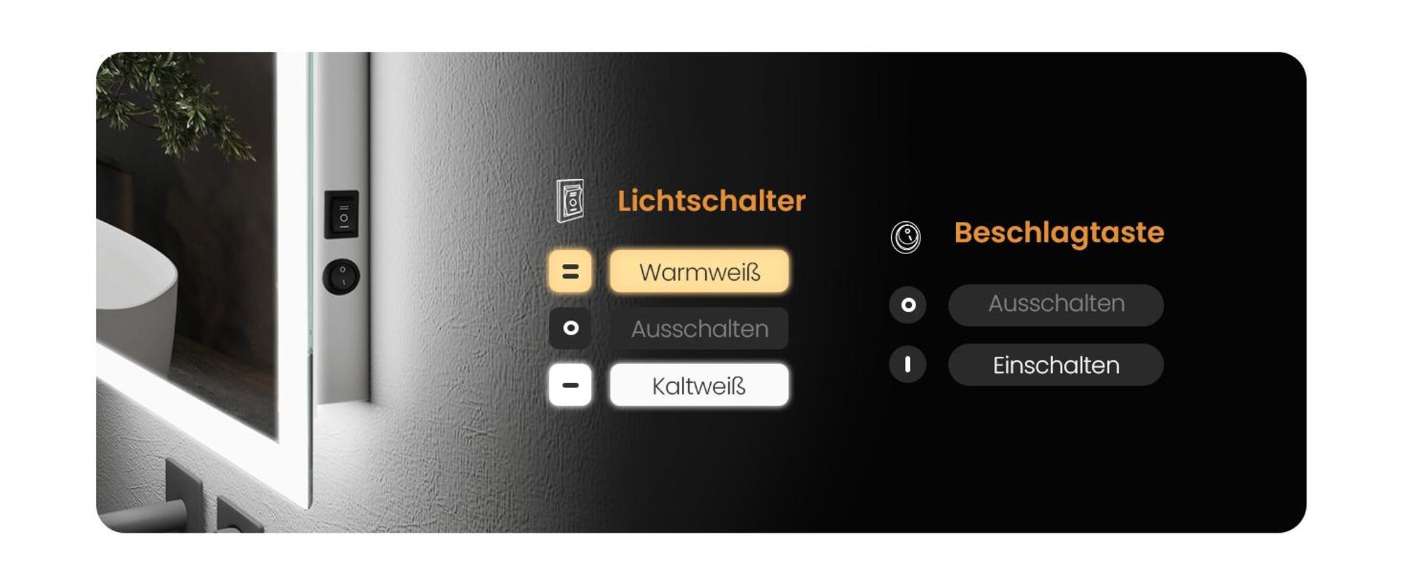 EMKE LED Badspiegel 50x70cm mit Beleuchtung & Antibeschlag, Wandspiegel mit Mechanischem Schalter Badezimmerspiegel 3000K/6500K Lichtfarben