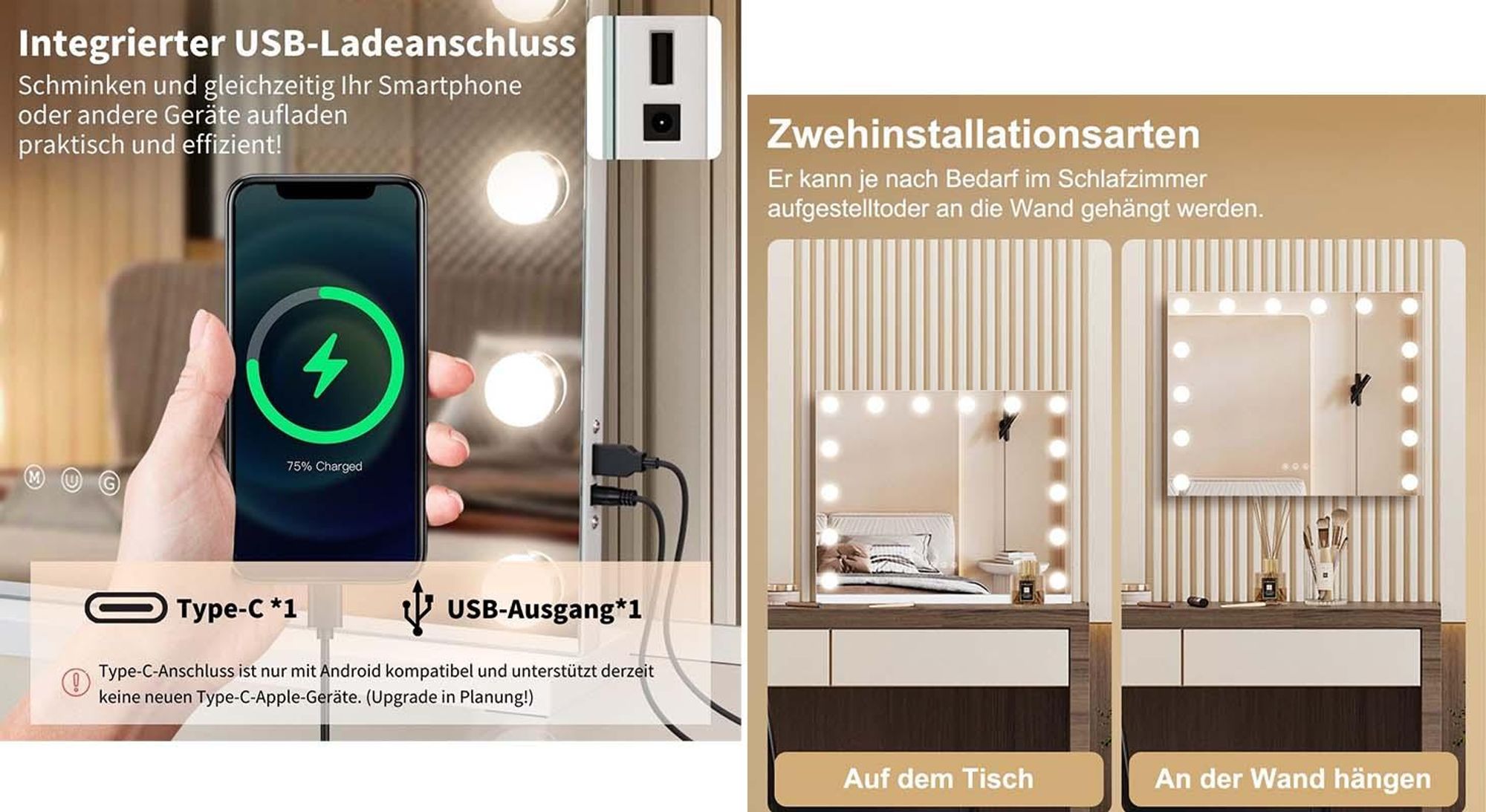MULISOFT Hollywood Spiegel 58cm x 48cm mit Beleuchtung Leuchten-10X Vergrößerung, 3 Lichtmodus Kosmetikspiegel für Badzimmer Schminktisch, 14 LED Weiß