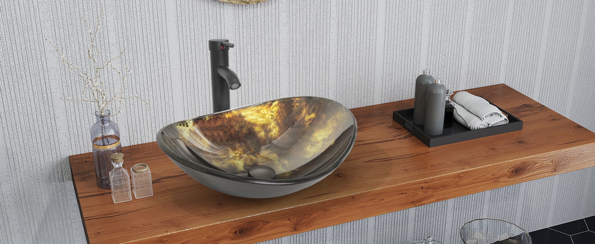 Puluomis Waschbecken Glas Aufsatzwaschbecken Waschschale Oval mit Wasserhahn Ablaufgarnitur Schwarz Gelb