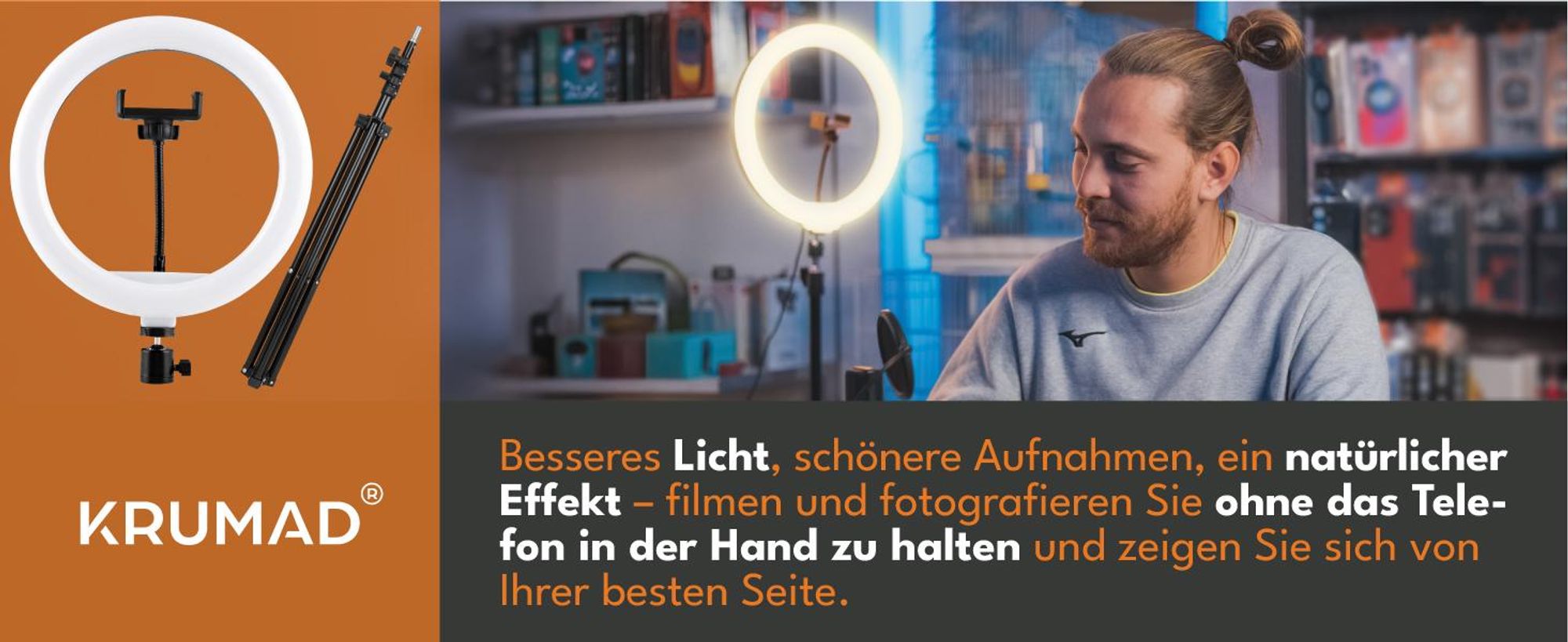 KRUMAD LED Ringlicht mit Stativ & Handyhalter, Ringleuchte für Fotos, Videos, Streaming, Make-up, Selfies & Videokonferenzen