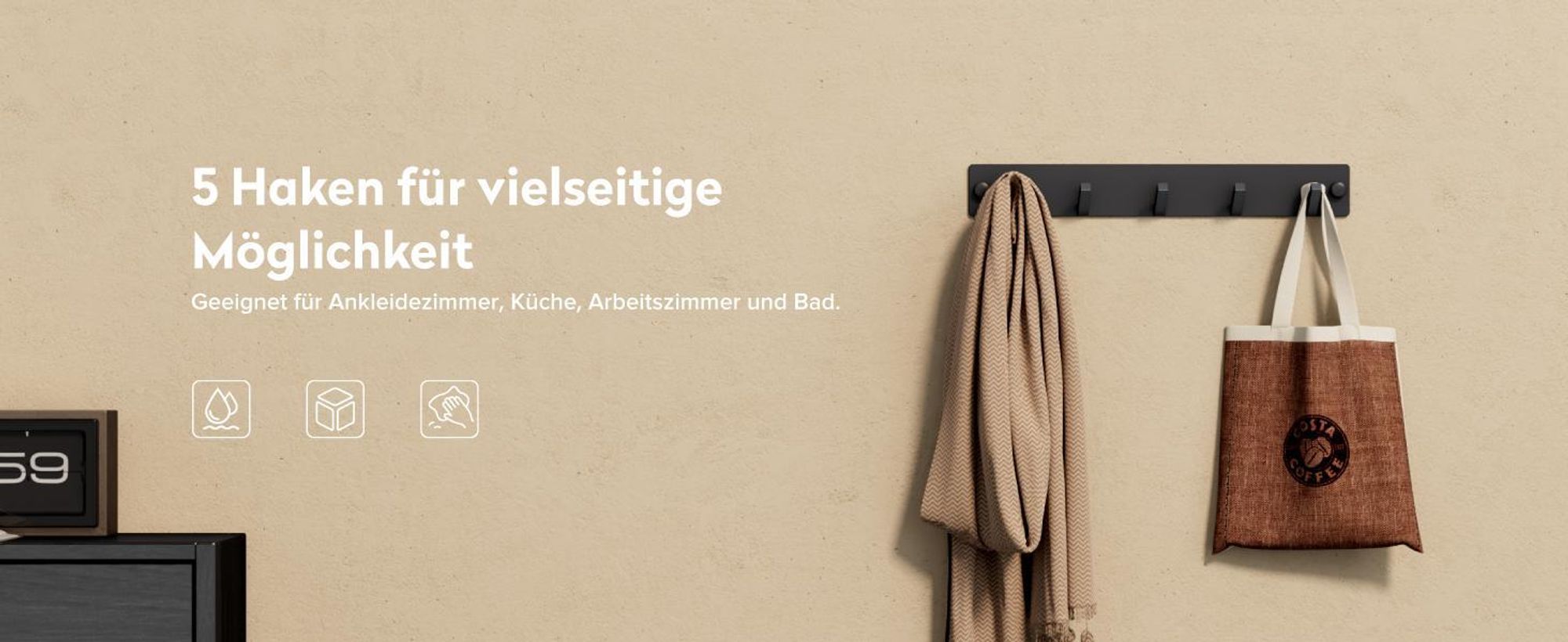 doporro Garderobenhaken Edelstahl, Kleiderhaken Wand mit 5 Haken, selbstklebend & ohne Bohren Matt Weiß für Jacken, Handtücher Stalo-05