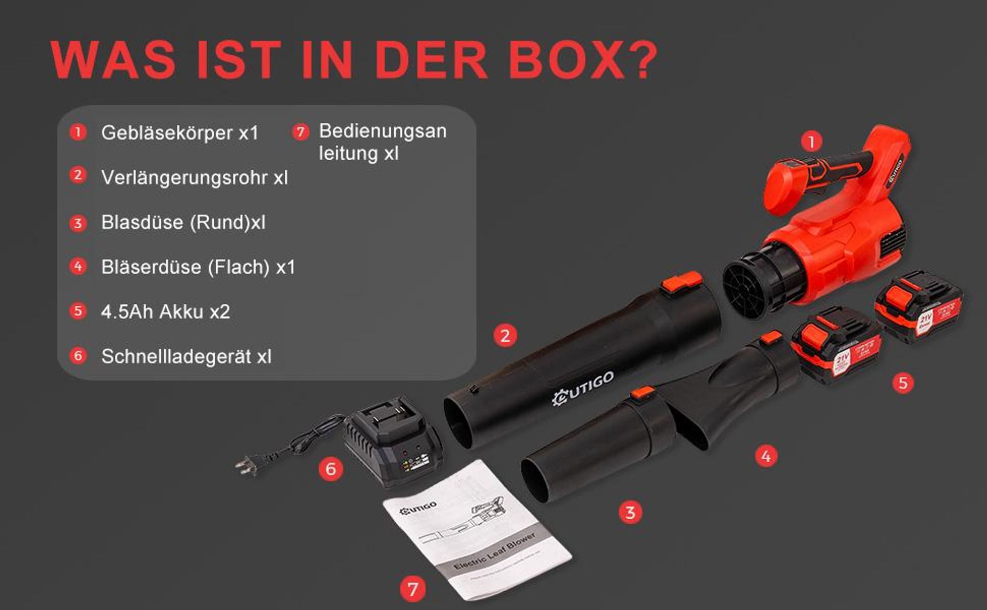 Akku-Laubbläser 001 (2*21v 4.5Ah akku, Akku und Ladegerät), für Rasenpflege, Beseitigung von Laub/Schlamm/Schnee/Autostaub