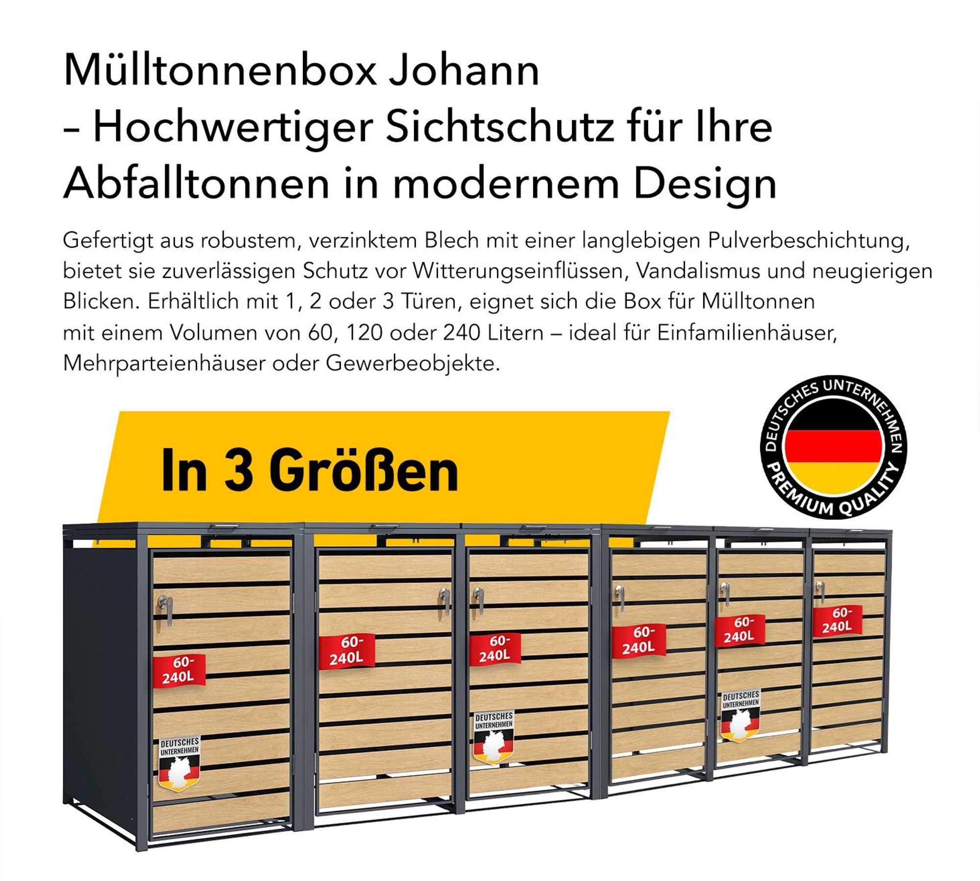 Mülltonnenbox Johan Anthrazitfarbene Mülltonnenverkleidung mit Holzdekor für 3 Tonnen