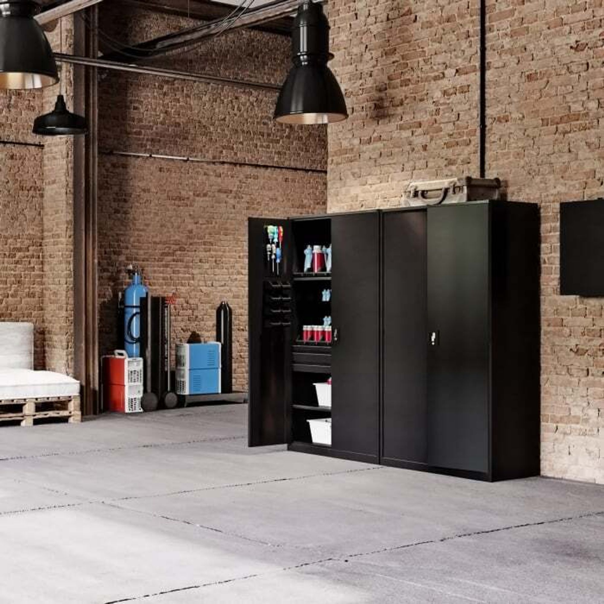 Jan Nowak Werkzeugschrank TC02AM Werkstattschrank mit Schubladen Flügeltüren Metallschrank 3 Fachböden Pulverbeschichtung 185 cm x 92 cm x 50 cm, Farbe: Schwarz