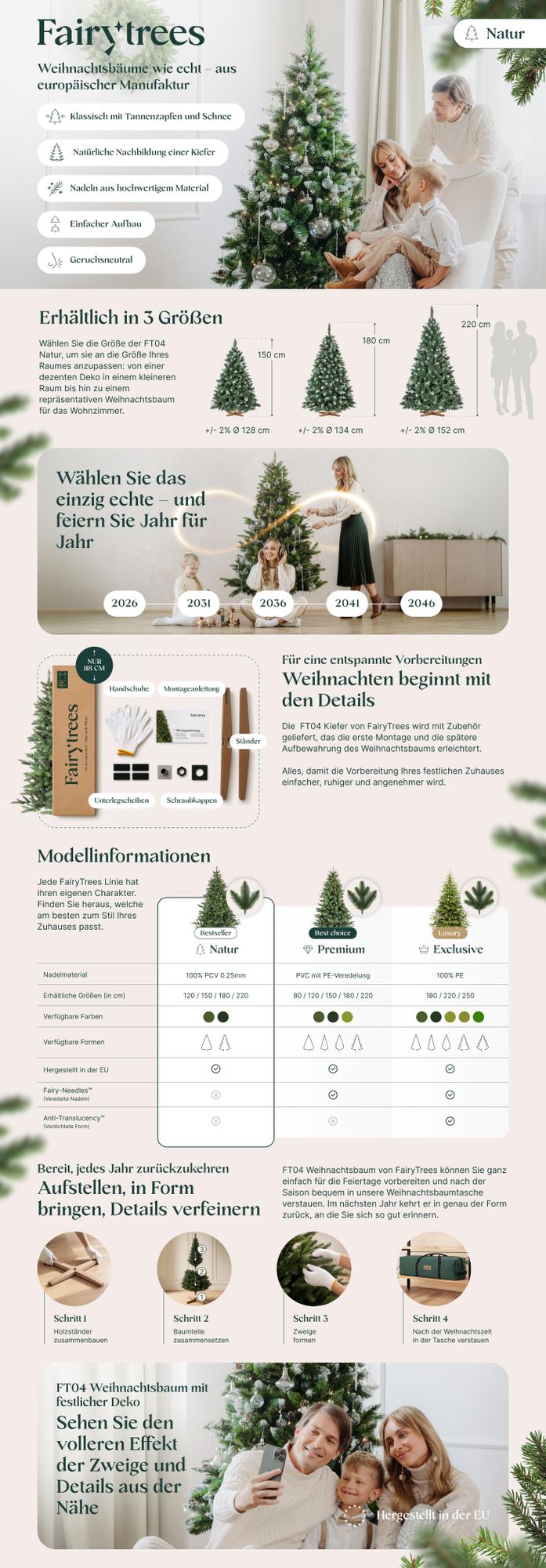 FairyTrees Weihnachtsbaum künstlich 220cm Kiefer mit Christbaum Holzständer | Tannenbaum künstlich mit Natur-Weiss beschneit |  EU