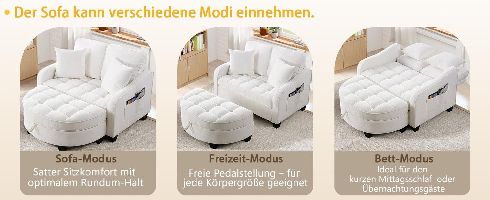 MODFU Multifunktionales Sofa Schlafsofa mit Aufbewahrungs-Hocker,Relaxsofa mit rutschfeste Kunststoffbeine,Beige