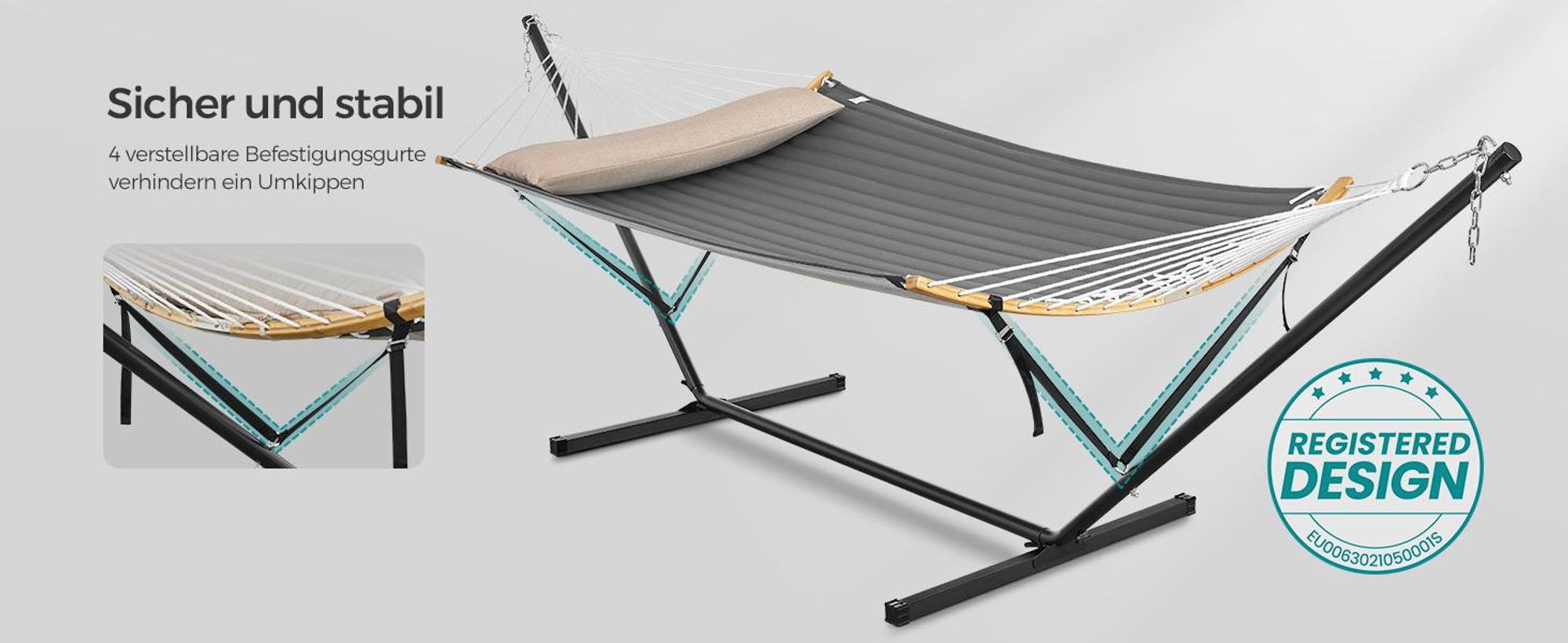 SONGMICS Hängematte mit Gestell, Kissen, bis 200 kg belastbar, Garten, grau