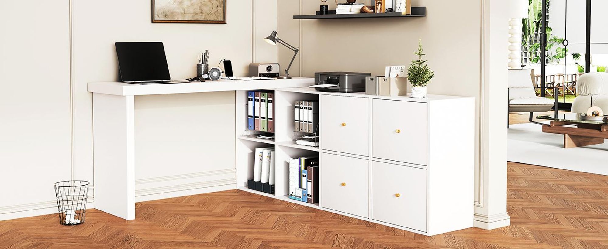 Flieks L-förmiger Schreibtisch Eckschreibtisch, Arbeitstisch 120x48x78 cm, Bürotisch mit Schrank, Schminktisch mit dicker Holzplatte, weiß