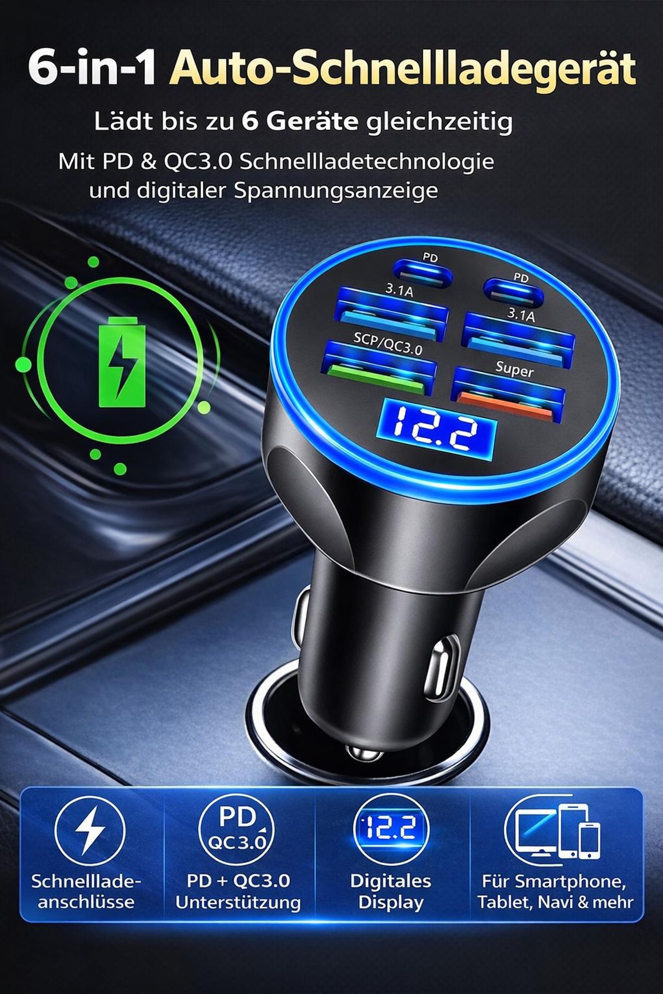 Auto Handy Schnellladegerät 5in1 für Zigarettenanzünder mit QC3.0 USB-C