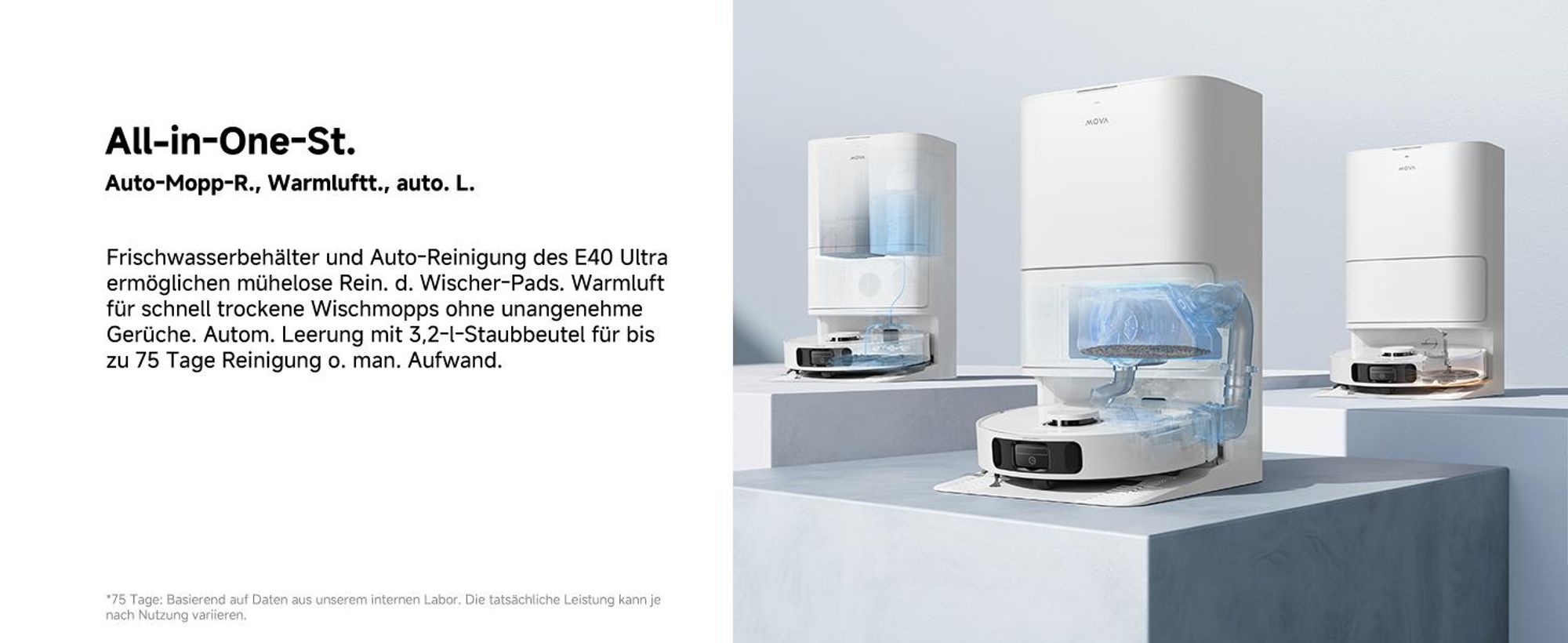 MOVA E40 Ultra – Saug- & Wischroboter, 19.000 Pa, automatische Leerung, MaxiReach-Wischmopp, Seitenbürste, All-in-One-Station, bis 75 Tage Reinigung