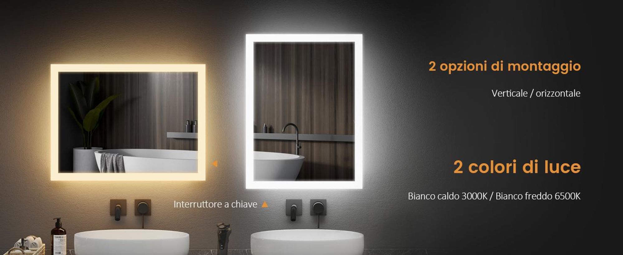 Specchio da bagno EMKE LED 50x70 cm con illuminazione e antiappannamento, specchio da parete con interruttore meccanico Specchio da bagno 3000K/6500K Colori della luce