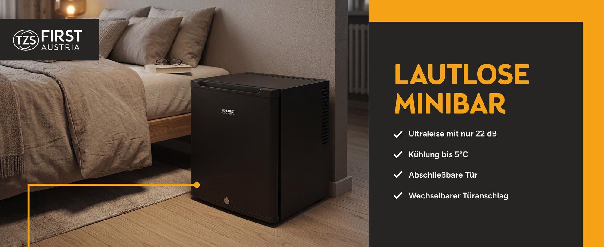 TZS First Austria - Mini Kühlschrank 30L komplett lautlos - wechselbarer Türanschlag & Innenbeleuchtung - Mattschwarz