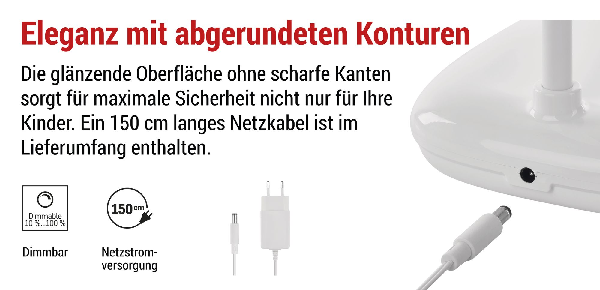 EMOS LED Tischlampe MOLLY 12W, Helligkeit 650lm, dimmbar, einstellbare Lichtfarbe, flexibler Lampenarm, 1,5m Ladekabel + Netzadapter, weiß, Z7638W