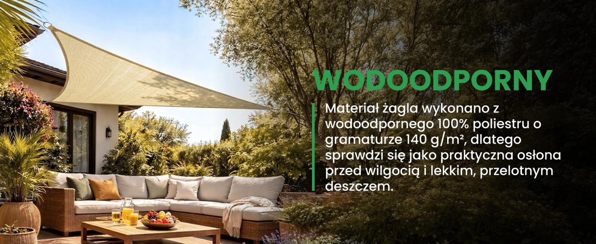 Beżowy trójkątny żagiel ogrodowy 3 na 3 na 3 metry na taras balkon patio wodoodporny