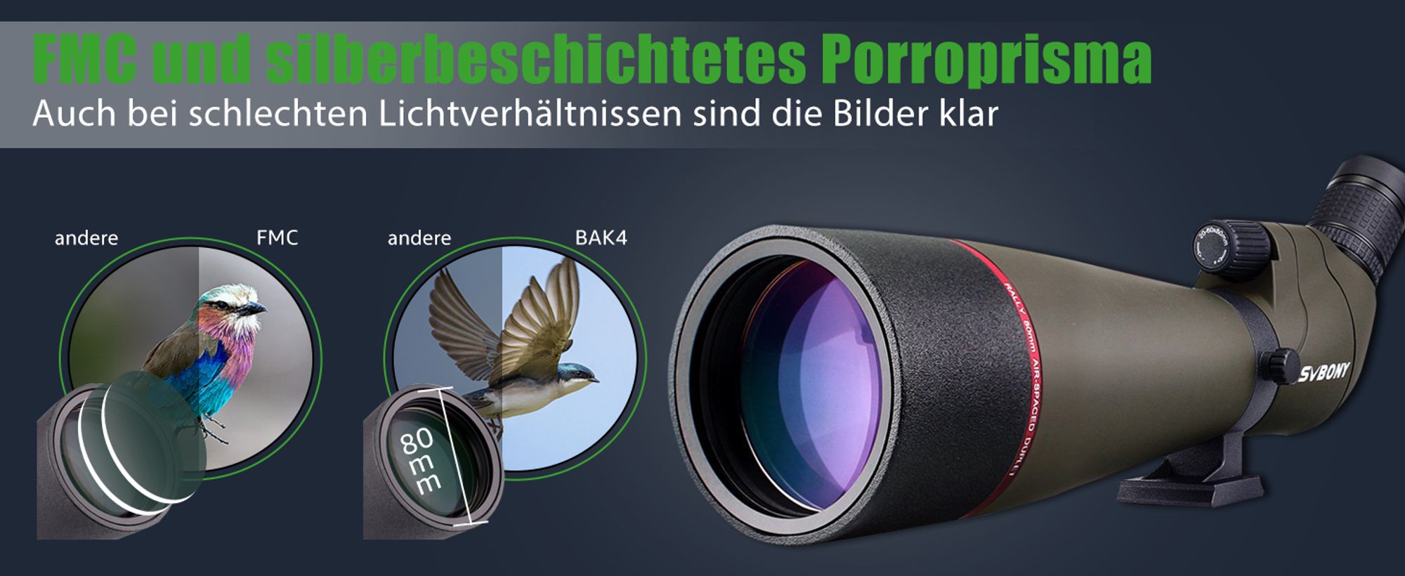 Svbony SV13 20-60x80 Spektiv mit Smartphone Adapter, HD Wasserdicht Spotting Scope Monokulare Ferngläs mit Tragetasche, FMC Optik Abgewinkelt Teleskop