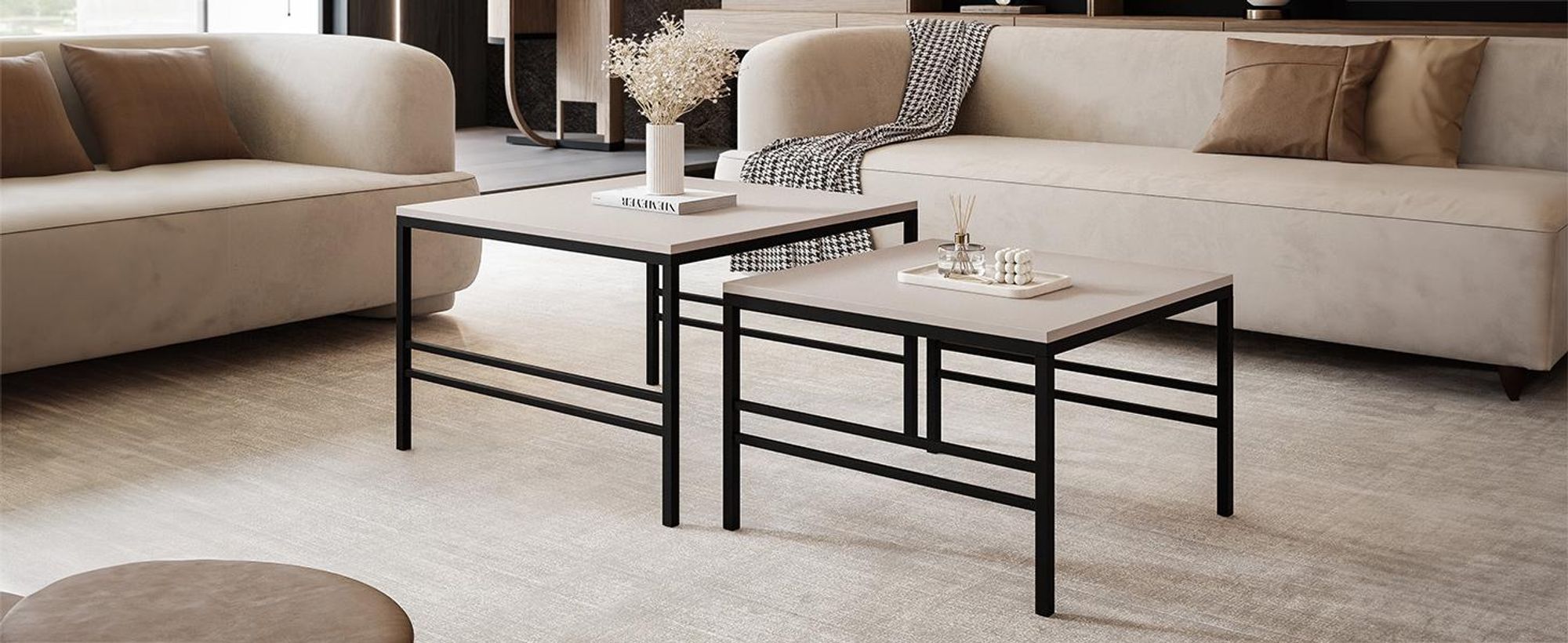 Idohome - Moderner Couchtisch FORMA 2in1 70/60 cm für das Wohnzimmer mit Metalgestell Kaffeetisch Wohnzimmertisch Sofatisch Schwarz / Kaschmir