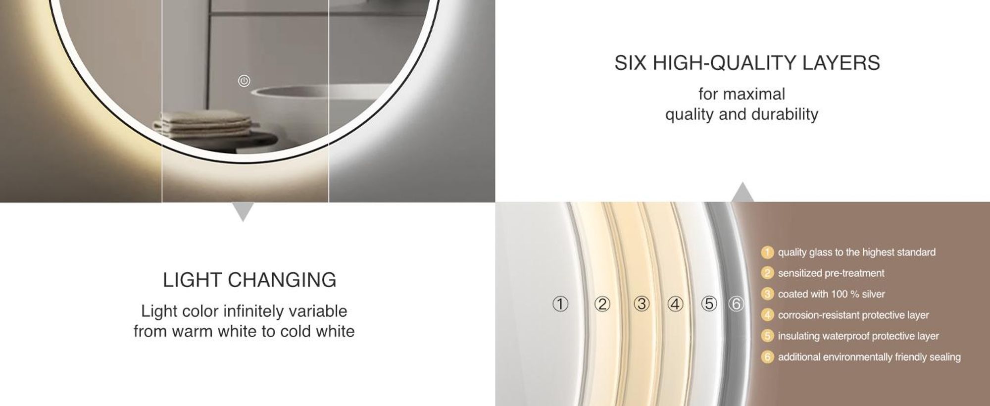Specchio da bagno LED HOKO, forma circolare, diametro 60 cm, cornice in alluminio nero, interruttore touch con funzione di memoria, regolazione della temperatura del colore da 2700 a 6500 K, grado di protezione IP44 per l'uso in bagno, modello Helsinki