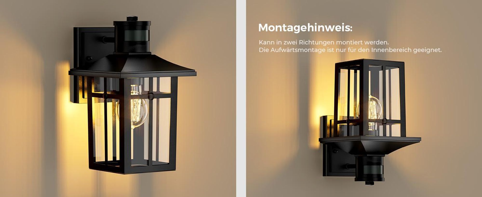 S'AFIELINA Außenlampe mit Bewegungsmelder, E27 Wandlampe für Terrasse, Hauswand, Außenleuchte schwarz, Vintage Design, 2 Stück