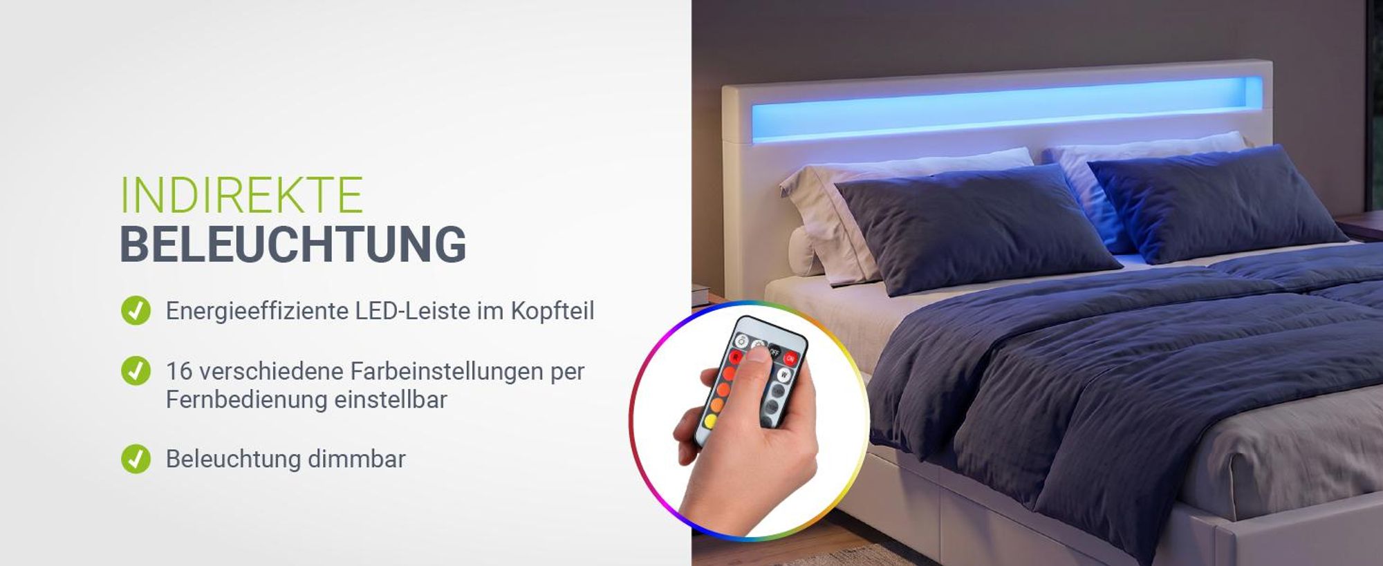 Juskys Polsterbett Lyon 140 x 200 cm weiß – Bettgestell mit Lattenrost, Bettkasten & LED Beleuchtung – Kunstleder & Holz – Bett Jugendbett
