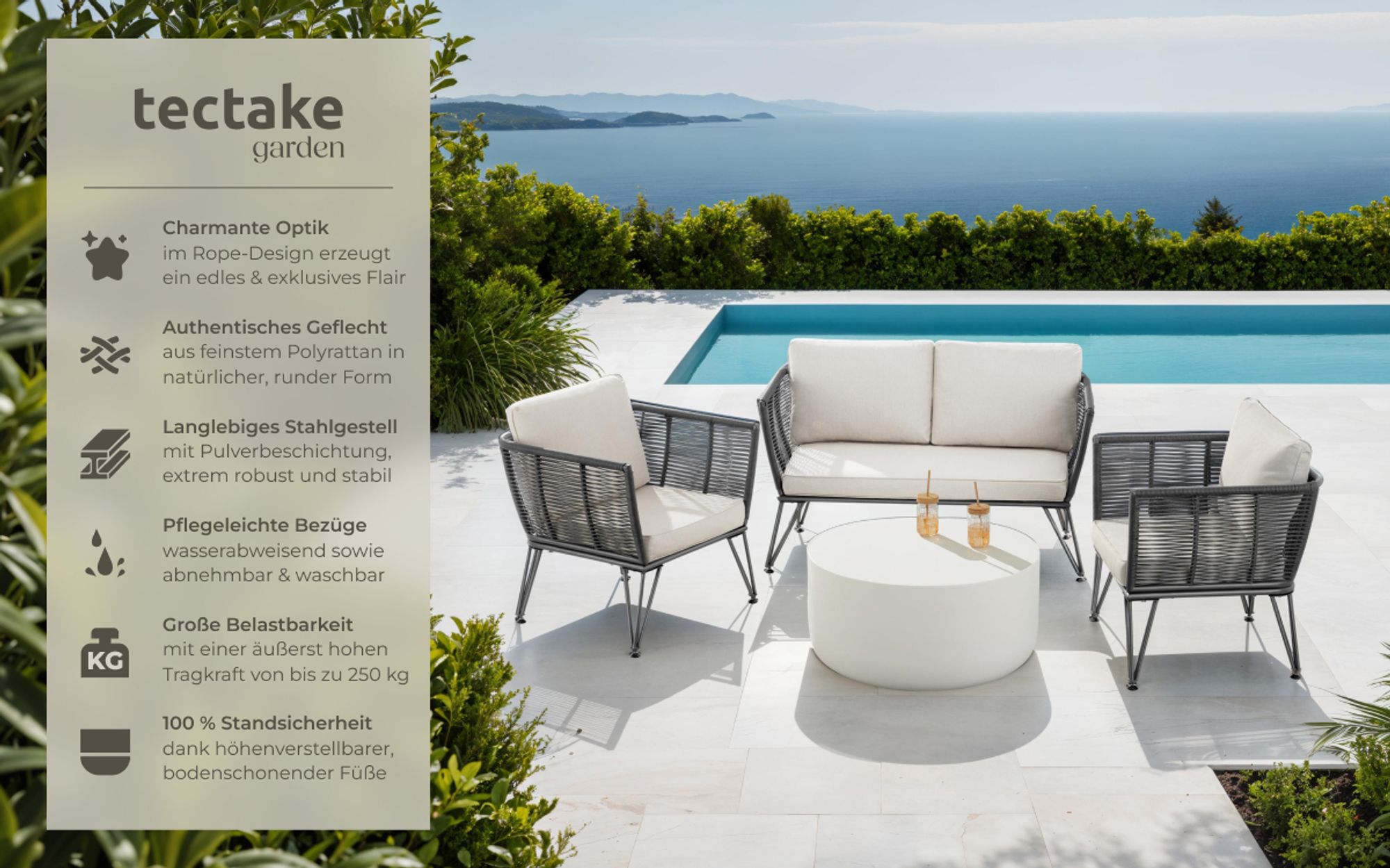tectake® Garten-Loungeset Sundo im Rope-Design mit Polyrattan