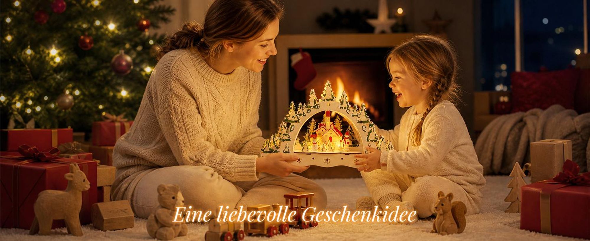 Salcar Holz Schwibbogen Weihnachtsdorf, 3D Lichterbogen 32cm mit 13 LED Beleuchtung Batterie Weihnachten Advent Winter Tisch und Fenster Deko