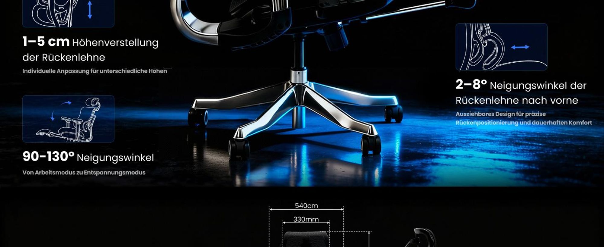 FLEXISPOT ErgoX Max Ergonomischer Bürostuhl bis 300 kg, mit Fußstütze, 4D Kopfstütze & 5D Armlehnen, Einteiliger Rücken- & Lendenstütze, Schwarz
