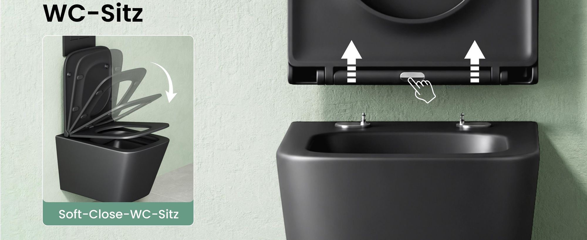 Mai & Mai Spülrandlos Wand-WC Hänge-WC Toilette inkl. Softclose WC-Sitz Absenkautomatik Hänge-Toilette easyclean Schwarz matt Aachen112