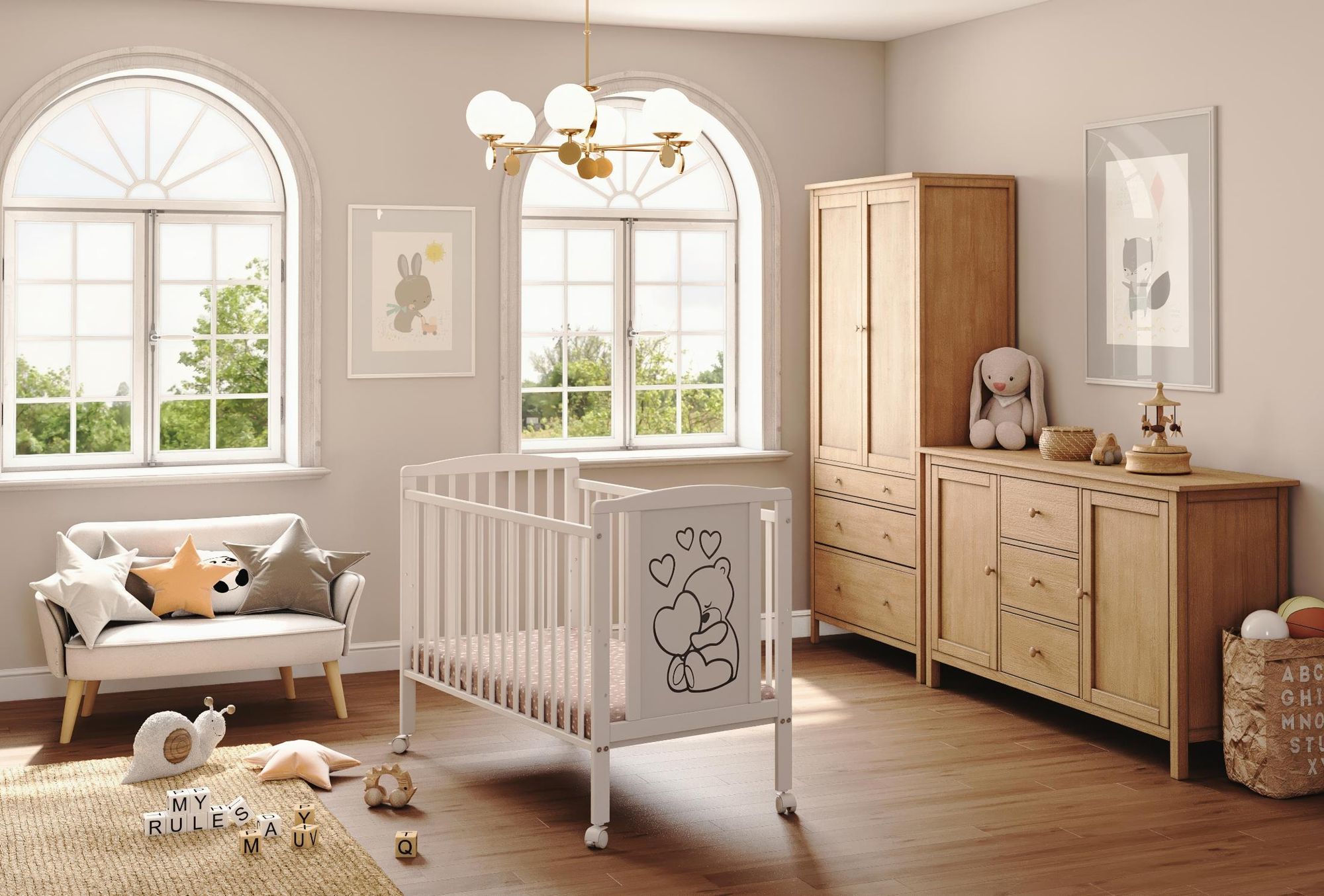 Łóżeczko z materacem Luca-Mia 60x120 cm drewniane – Miś z Sercami + praktyczne kółka w zestawie