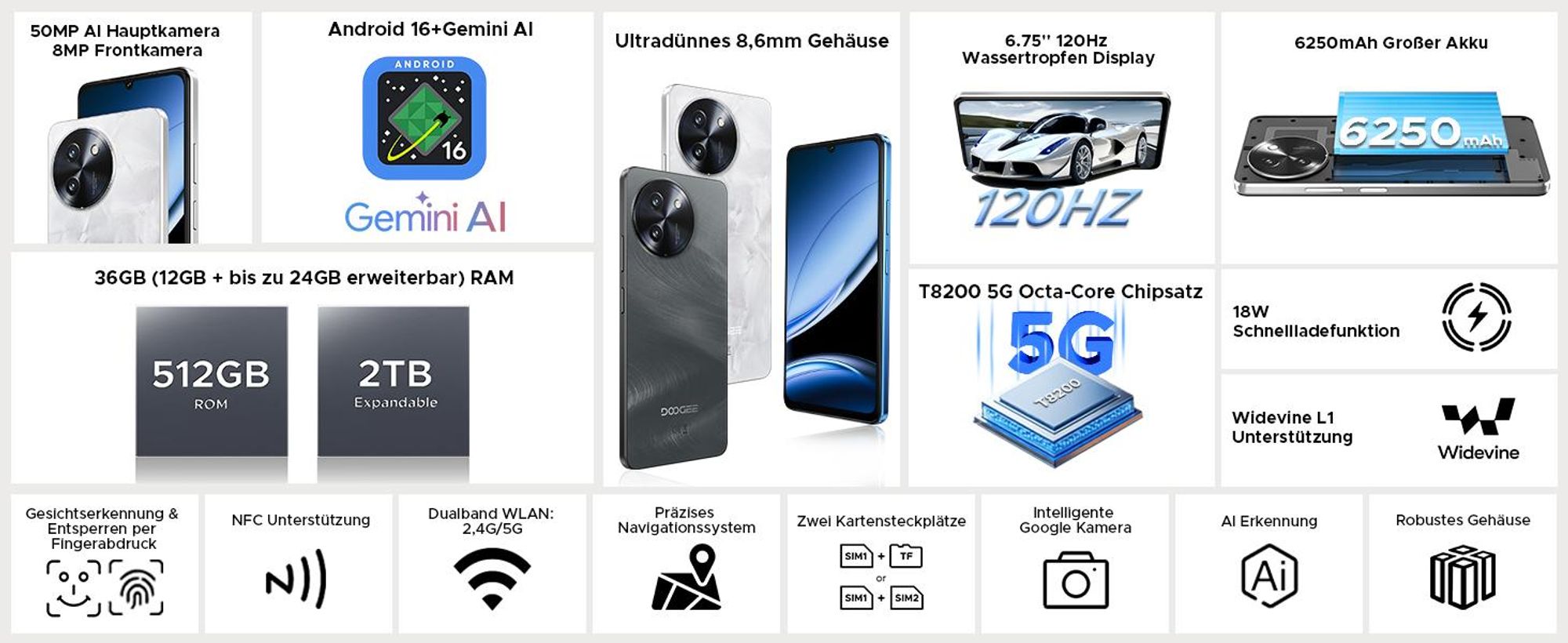 DOOGEE Note59 Pro+ Smartphone Handy, 5G, Android 16, 6,75" 120Hz, 6250mAh, 36+512GB, 50MP, 18W, Octa-Core, NFC, Fingerabdruck, Dual-SIM, ohne Vertrag